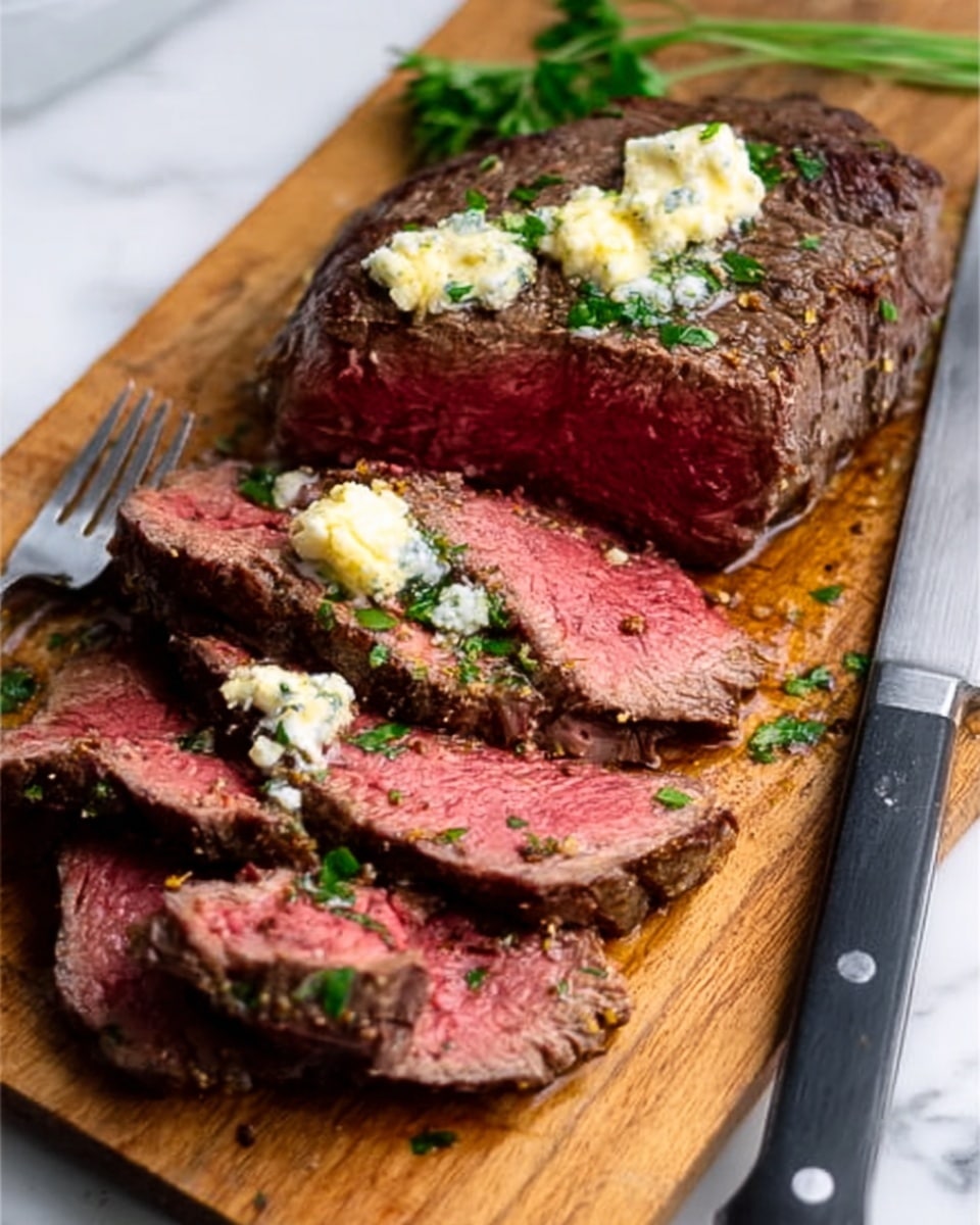 The image shows a wooden board on a white marbled surface with a cooked steak, sliced into several pieces lying on top. The steak has a pink center with a brown cooked outside showing a rough texture. There are small white dollops of butter on top melting into the warm meat, and some green herbs sprinkled over for garnish. To the side, there is a large kitchen knife with a black handle and a fork resting next to the wooden board. photo taken with an iphone --ar 4:5 --v 7