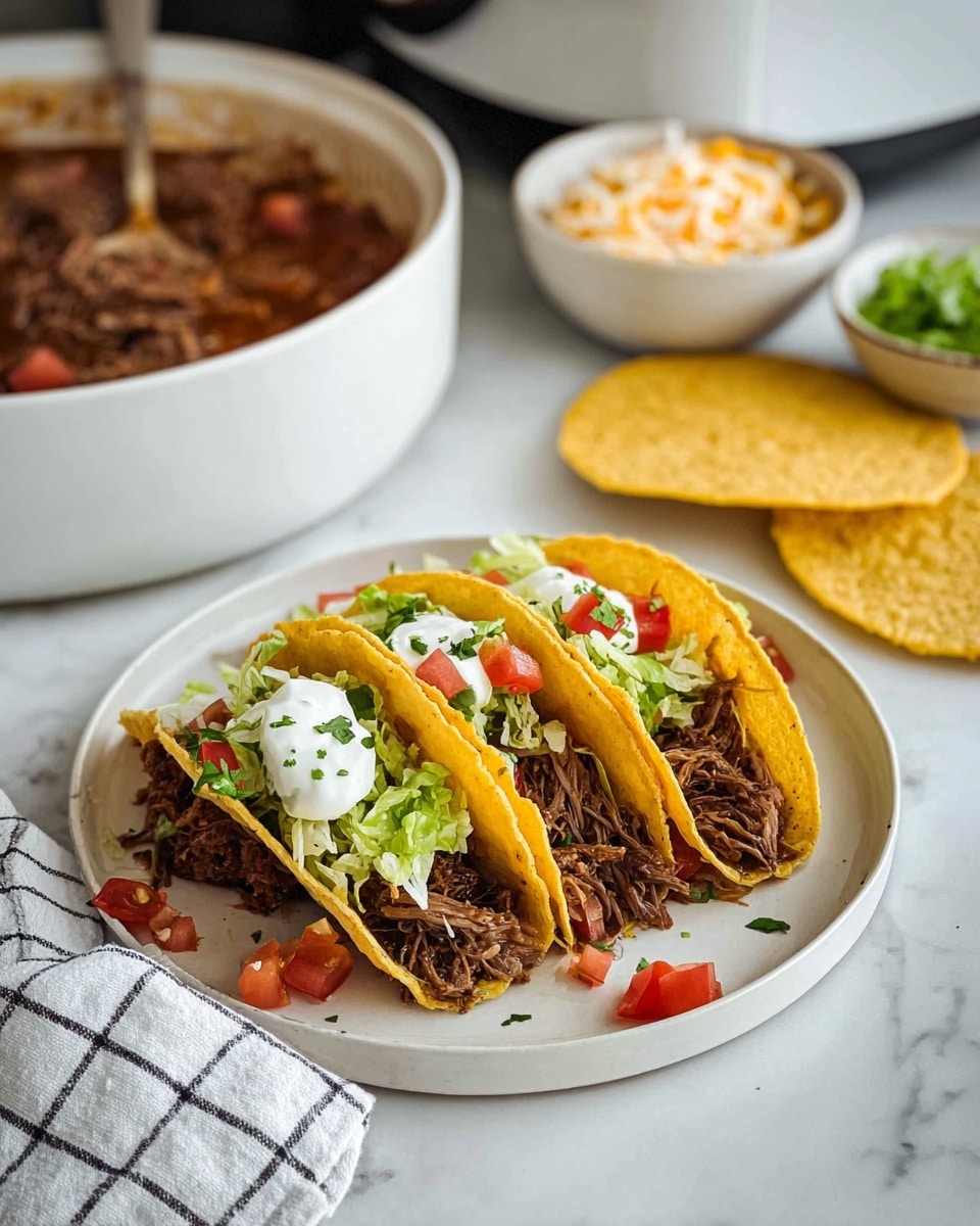 Three yellow crunchy taco shells stand upright on a round white plate, each filled with dark brown shredded meat at the base. Above the meat, there is a layer of chopped green lettuce and small red tomato pieces. On top of each taco, a dollop of white sour cream is added, sprinkled with small green herb flakes. Around the tacos, scattered bits of red tomato pieces add extra color. To the left on the white marbled surface, there is a large white bowl filled with the same shredded meat in a reddish sauce. Behind it, small white bowls hold shredded cheese, chopped tomatoes, and chopped lettuce, while a white plate holds three more yellow taco shells. In the background, part of a white kitchen appliance is visible. A white and black checkered cloth is placed under the large bowl. Photo taken with an iphone --ar 4:5 --v 7