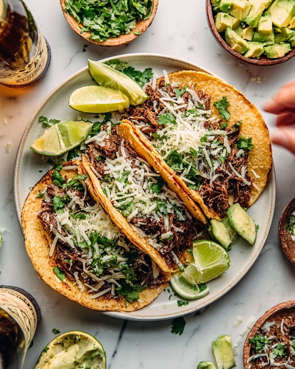 The image shows three tacos on a white plate with a white marbled surface in the background. Each taco has three layers: the bottom layer is a soft, folded corn tortilla with slight golden browning on the edges, filled with shredded dark brown meat. The middle layer is fresh green chopped cilantro scattered unevenly, and the top layer is shredded white cheese sprinkled over the meat and herbs. Lime wedges are placed around the tacos for garnish, and a woman’s hand is reaching towards one taco. Surrounding dishes with chopped avocado, lime wedges, and a bottle of beer are also visible. photo taken with an iphone --ar 4:5 --v 7