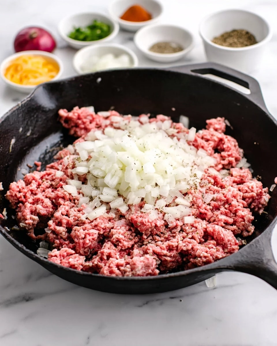 The image shows a black cast iron pan filled with raw ground meat that has a pink color and soft texture. On top of the meat, there is a mound of finely chopped white onions spread mostly in the center. The pan sits on a white marbled surface. Around the pan, small white bowls hold different spices and chopped ingredients, visible but slightly out of focus. A woman's hand is seen holding a small white bowl near the top right corner, as if to add more ingredients. photo taken with an iphone --ar 4:5 --v 7