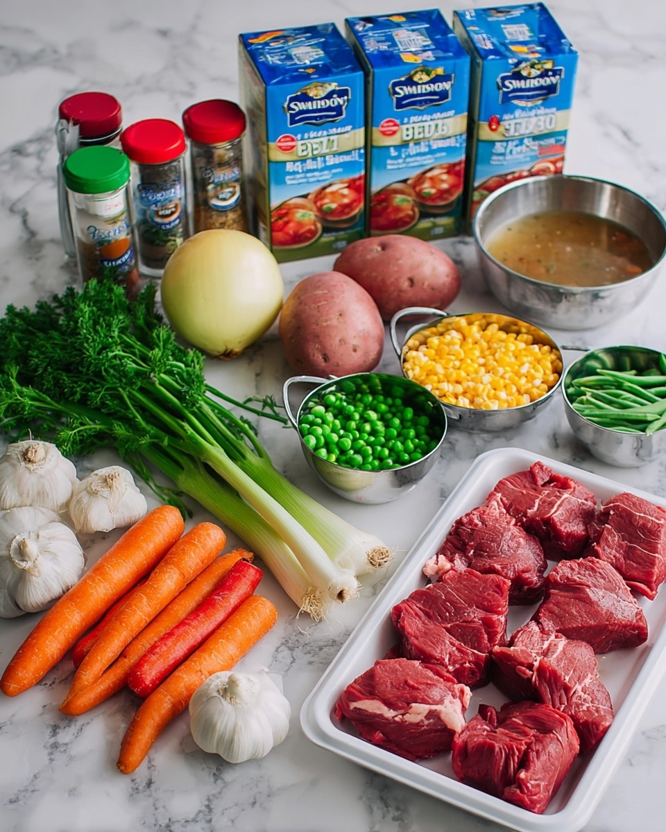 A collection of fresh and packaged ingredients arranged on a white marbled surface includes a white foam tray with several pieces of raw red meat placed in the front right, next to three garlic cloves. To the left are three orange carrots and green celery sticks, with a bunch of parsley below that and three reddish potatoes behind. Green beans lie behind the carrots and celery. Two metal measuring cups filled with yellow corn kernels and green peas sit near the meat, while a yellow onion and a small clear salt grinder are placed on the right. Two cans of red diced tomatoes stacked vertically stand behind the meat and vegetables. Two cartons of Swanson beef broth with blue and white packaging are positioned behind the potatoes and spices. Three small spice containers with red lids and one with a green lid are arranged on the left side of the image. A bottle of Pompeian classic pure olive oil stands near the cans and onion. The whole setup is lit softly with natural light. Photo taken with an iphone --ar 4:5 --v 7