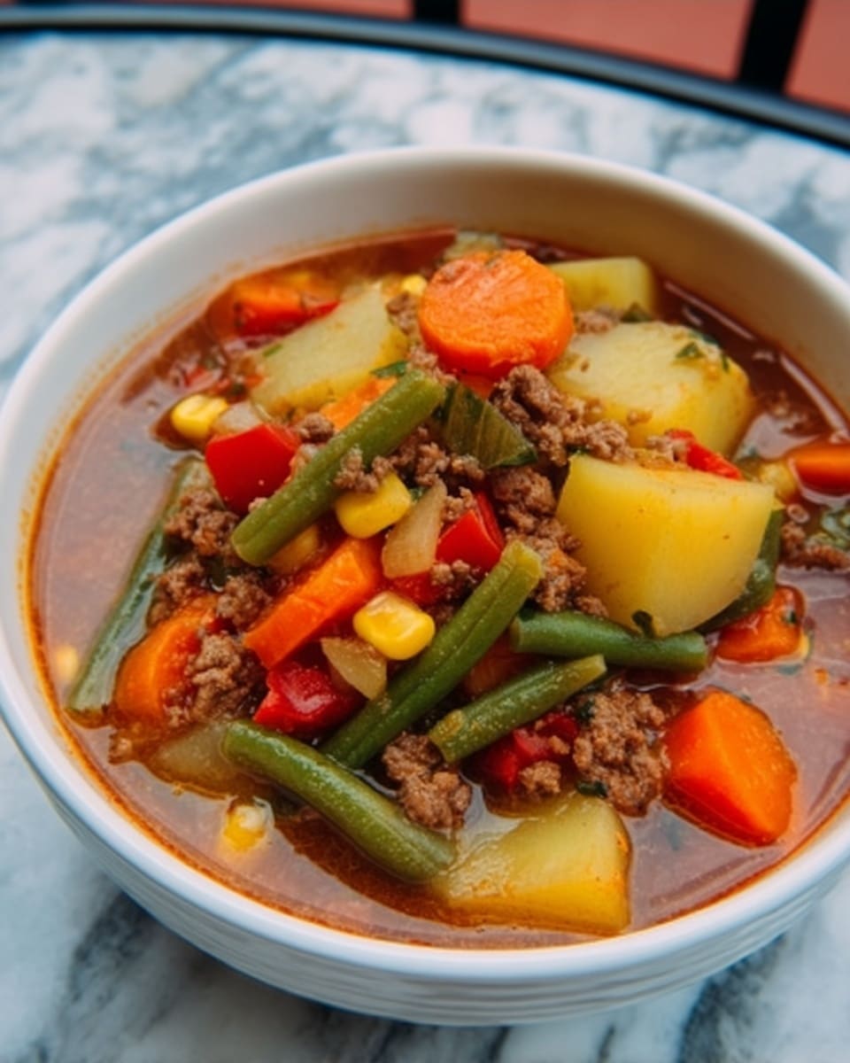 A white bowl filled with a colorful vegetable and ground meat stew, showing three visible layers: the bottom layer has a rich brown broth, the middle layer contains chunks of yellow potatoes, orange carrots, and green beans, and the top layer shows browned ground meat mixed with corn kernels and small pieces of red and green vegetables. The bowl sits on a white marbled surface in an outdoor setting. Photo taken with an iphone --ar 4:5 --v 7