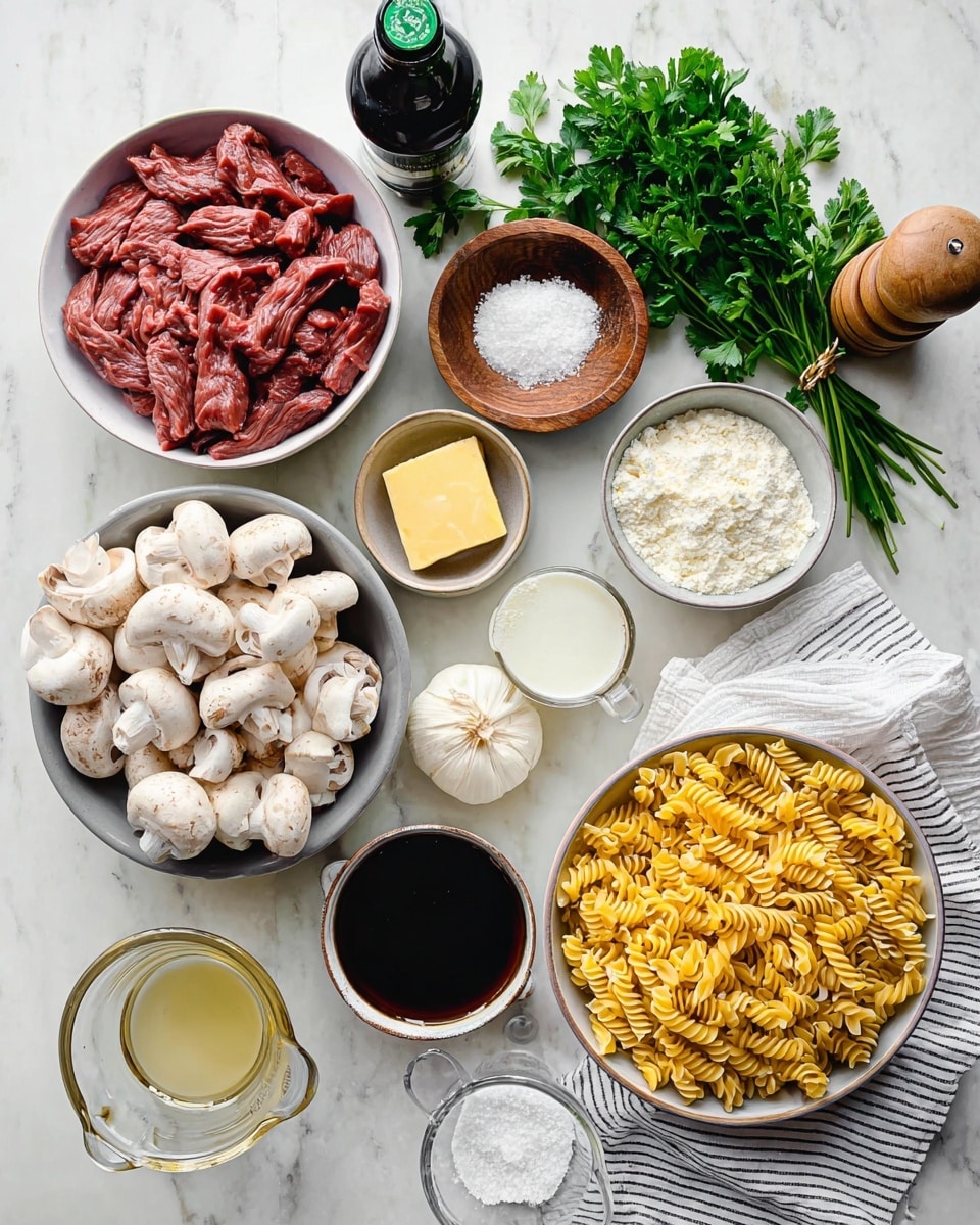 The image shows a flat lay of cooking ingredients arranged neatly on a white marbled surface. In the top left, a white bowl is filled with raw red meat strips, next to a black bottle with a green cap and a wooden pepper grinder. Beside these is a wooden bowl holding coarse white salt with a small sprig of green parsley. A bunch of fresh green parsley sits on the right side. Below the salt bowl is a small white bowl with white flour, and a small plate with a yellow square of butter. Moving downward, white button mushrooms are piled in a light bowl, next to a small bowl with dark soy sauce. Half of a white onion sits on the left, with three garlic cloves on a small gray plate near it. Below, a small bowl of white cream and two clear measuring cups, one with a pale yellow liquid and the other with a dark brown broth-like liquid, are set beside a large white bowl full of uncooked spiraled yellow pasta. A white cloth with thin black stripes lies folded beneath some of the bowls. Photo taken with an iphone --ar 4:5 --v 7