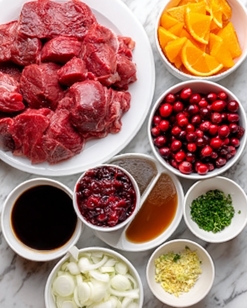 The image shows a white plate with raw red meat on the left side. Surrounding the plate are several small white bowls each holding different ingredients: a bowl of orange sliced pieces at the top right, bright red whole cranberries below it, white sliced onions on the bottom left, a bowl with a reddish sauce or jam in the center, and small bowls containing dark liquids and green chopped herbs with minced light yellow substance at the bottom. The background is a white marbled texture. photo taken with an iphone --ar 4:5 --v 7