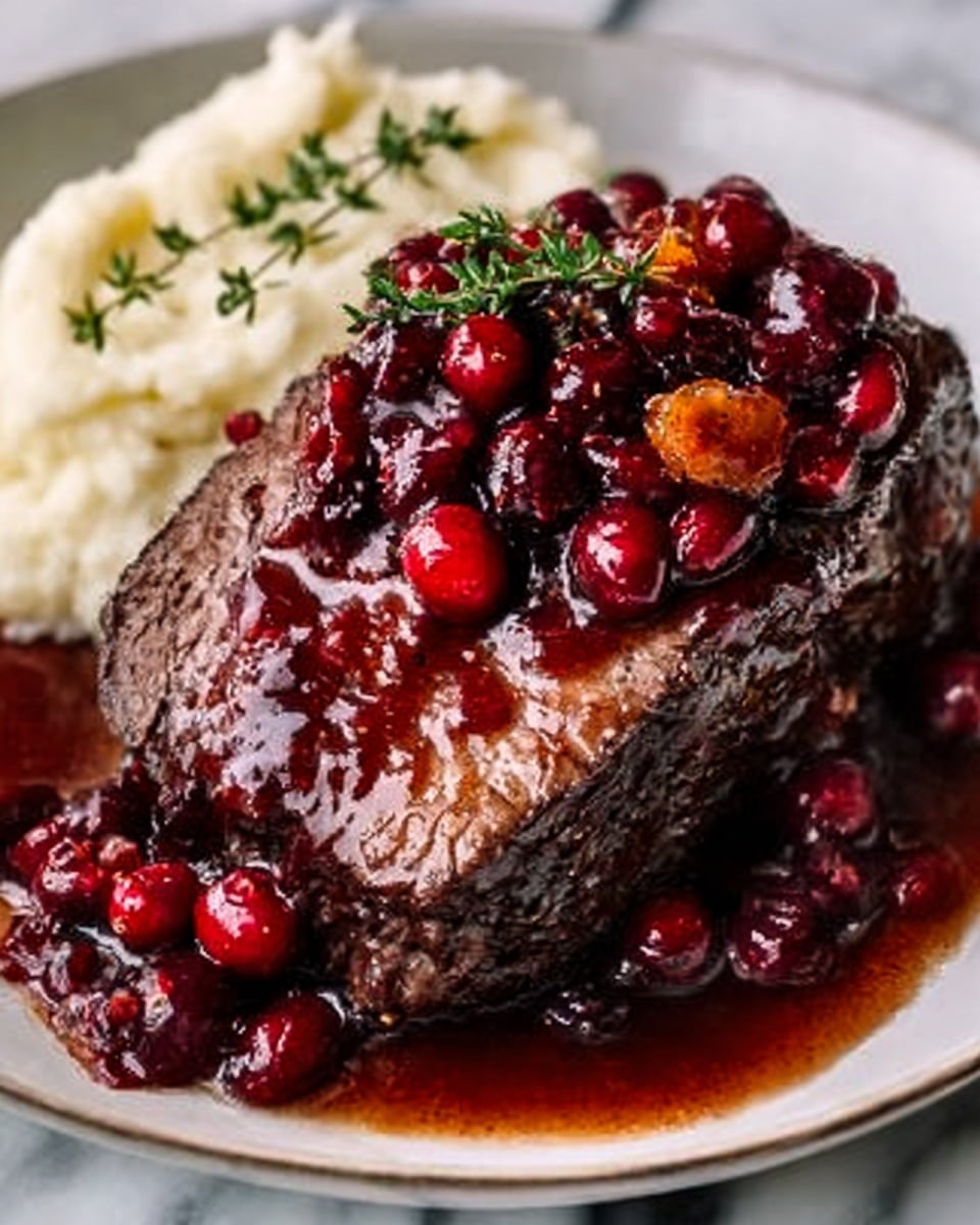 A thick, juicy piece of cooked dark meat roast sits in the center of a white plate, with a dark brown crust and textured surface. On top of the meat, there is a shiny, rich red sauce covering it, filled with whole cranberries and small pieces of orange. To the side of the roast, there is a scoop of creamy white mashed potatoes, garnished with small green herb sprigs. The plate is placed on a white marbled surface. Photo taken with an iphone --ar 4:5 --v 7
