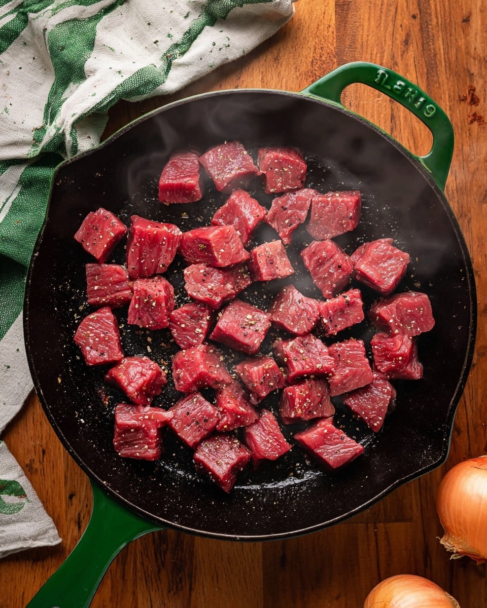 A black cast iron skillet with a green handle holds many small, uncooked chunks of red meat scattered across its surface. The meat pieces are seasoned with coarse black pepper and some salt, showing a moist and fresh texture. A little steam rises lightly from the hot skillet. The skillet sits on a wooden table next to a green and white striped cloth and a whole onion at the lower right corner. The background is a white marbled texture. photo taken with an iphone --ar 4:5 --v 7