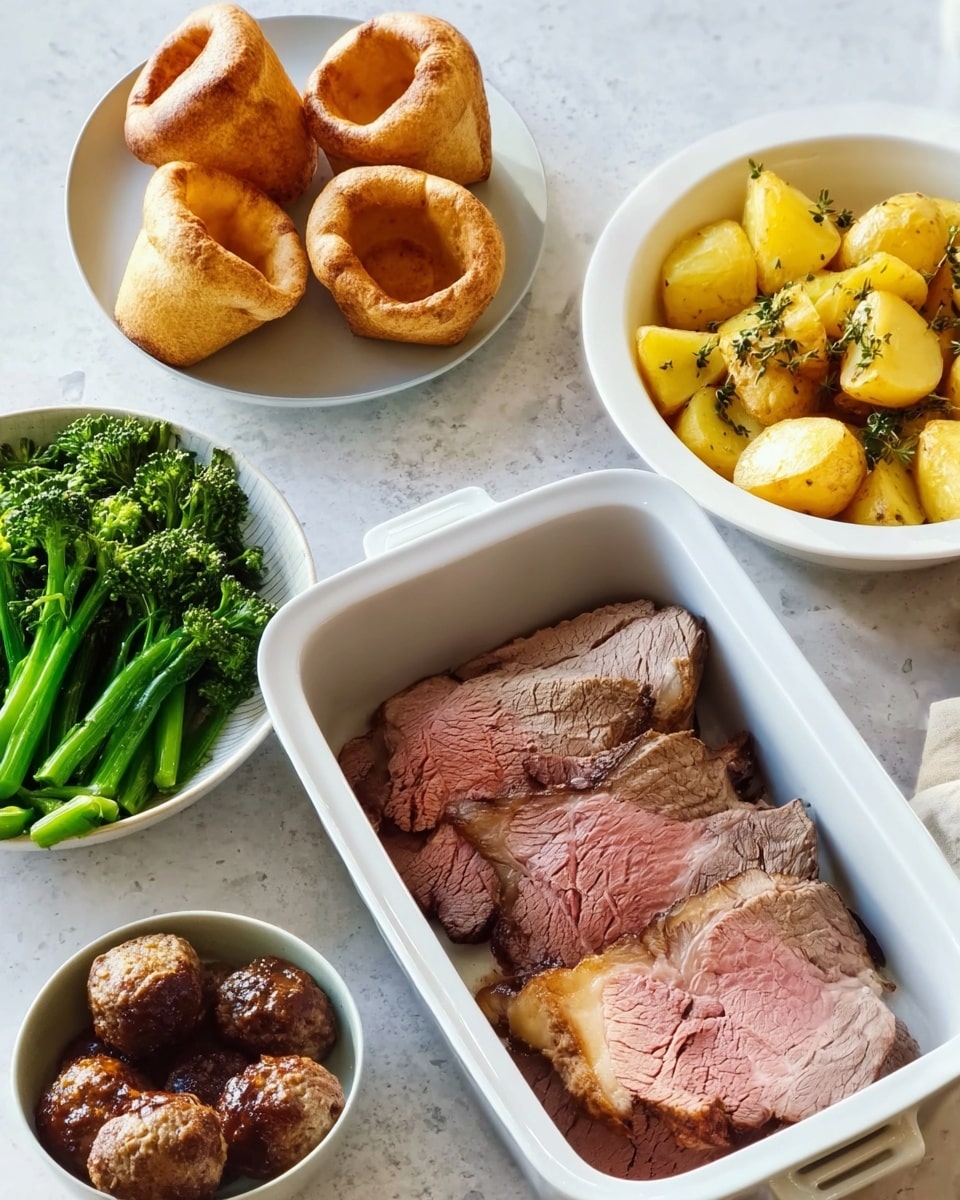 The image shows a meal with several dishes on a white marbled surface. In a large white rectangular dish, there are five slices of cooked beef with a pinkish center and browned edges, stacked overlapping. Next to it, a white bowl holds round, golden roasted potatoes with crisp skins. To the side, part of a white plate contains three hollow, light golden Yorkshire puddings with a smooth texture. In another small white bowl, four browned meatballs with a slightly crispy outer layer are placed closely together. At the bottom left, a white bowl is filled with bright green steamed broccoli stems showing textures of the florets and stalks. The scene looks bright and inviting with a casual arrangement. Photo taken with an iphone --ar 4:5 --v 7