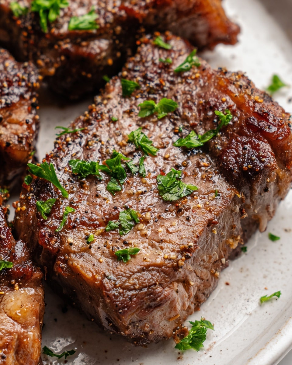 The image shows a close-up of a juicy, cooked steak piece with a browned and slightly crispy outer layer, speckled with coarse black pepper and salt flakes. The steak has a rich brown color with natural grill marks and a small layer of fat on one edge. Bright green chopped parsley is sprinkled on top, adding contrast and freshness. The steak sits on a white plate with a subtle textured surface, and parts of other steak pieces can be seen around it. The overall focus highlights the texture and seasoning of the meat, with light reflecting softly off the moist surface. photo taken with an iphone --ar 4:5 --v 7