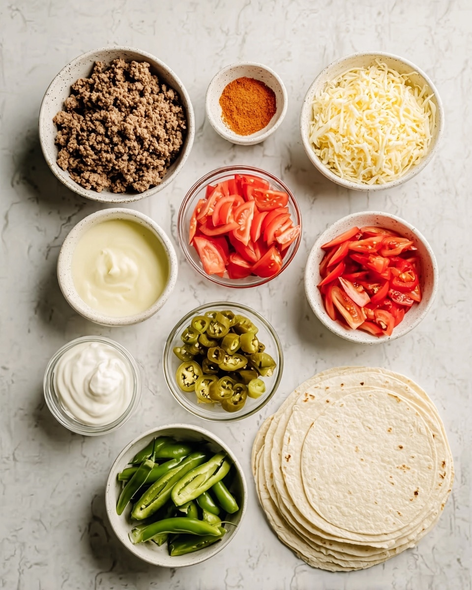 The image shows 11 bowls and one stack of soft white tortillas arranged on a white marbled surface. The top left has a bowl of cooked brown ground meat, and next to it on the right is a bowl of shredded pale yellow cheese. Below the cheese is a small bowl of sliced reddish tomatoes, and to the right is a stack of plain white tortillas. Near the bottom center, there is a bowl with sliced green chili peppers, and to its left, a bowl of long green chili slices. A small bowl of sliced green jalapenos with seeds is next to the green chili bowl. Below the jalapenos is a bowl with red sliced chili peppers. At the bottom left, there is a container with white sour cream, and to the right of it, a bowl with light yellow butter or cream. The smallest bowl, to the left of the butter/cream, holds a reddish-orange spice powder. All bowls are white, and the background surface is white marbled. A woman's hand is placed near the edge of the bottom left sour cream bowl. Photo taken with an iphone --ar 4:5 --v 7