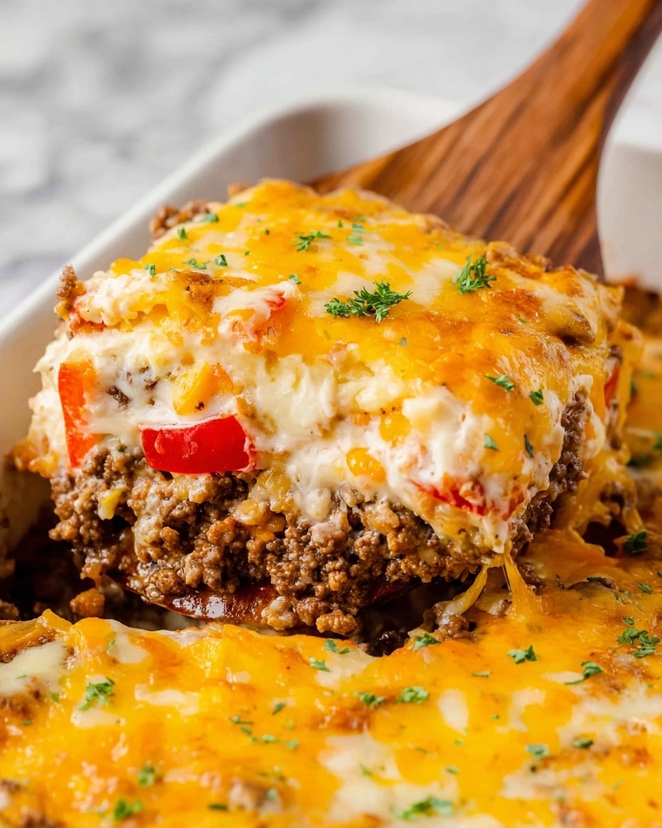 The image shows a close-up of a layered casserole being served with a wooden spatula. The top layer is melted yellow and white cheese with small bits of green herbs sprinkled on it. Below the cheese is a layer of creamy white sauce mixed with red bell pepper slices. Underneath this is a thick layer of cooked ground beef, brown and crumbly in texture. The entire dish is in a white baking dish sitting on a white marbled surface. photo taken with an iphone --ar 4:5 --v 7