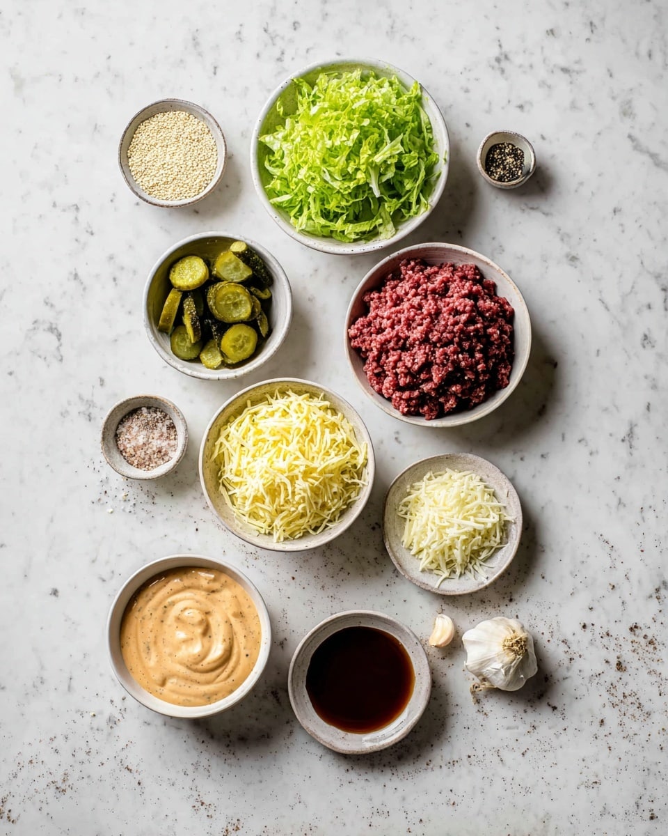 Several white bowls sit on a white marbled surface, each filled with different ingredients. At the top right is a bowl filled with dark red raw ground meat, next to a bowl of bright green shredded lettuce at top left. Below the lettuce is a small bowl of light-colored sesame seeds. Below the meat is a bowl of dark green pickle slices. In the middle center is a bowl filled with finely shredded yellow cheese, with another smaller bowl of shredded white cheese just below it. Left of the smaller cheese bowl is a bowl with a creamy orange sauce with visible texture swirls. Below left of the sauce bowl is a small bowl with thick dark brown sauce. Near the center bottom are two small bowls: one with light beige flakes and the other with black pepper. At the bottom right, two garlic cloves rest on the marbled surface. photo taken with an iphone --ar 4:5 --v 7
