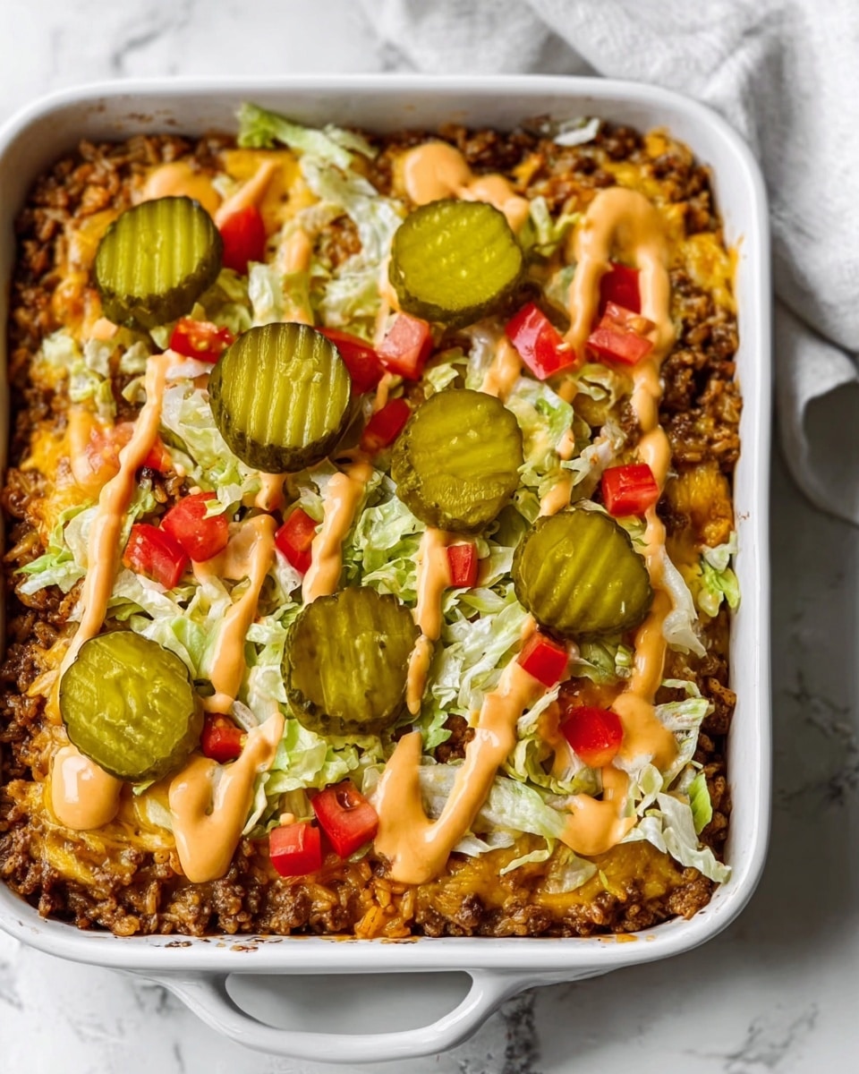 The image shows a white square baking dish filled with a layered casserole. The bottom layer is browned rice mixed with ground meat. On top of this layer, there is shredded light green lettuce evenly spread. Small pieces of red tomatoes are scattered on the lettuce. Several round green pickles are placed evenly across the top. A creamy light orange sauce is drizzled across the surface, adding contrast to the vegetables and rice. The baking dish is on a white marbled surface, with no other items clearly visible nearby. The photo taken with an iphone --ar 4:5 --v 7