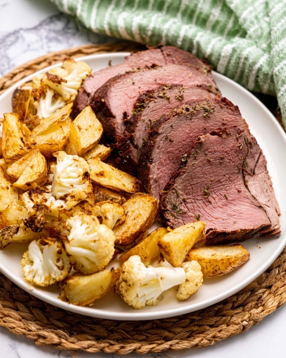 A white plate on a white marbled surface holds slices of medium-cooked dark brown roasted meat with a pink center, arranged in a fan shape on the left side. To the right of the meat are golden brown roasted potato wedges and pieces of light golden roasted cauliflower, creating a mix of round and irregular shapes. The plate is placed on a woven mat, and a green and white striped cloth is partially visible in the background. photo taken with an iphone --ar 4:5 --v 7