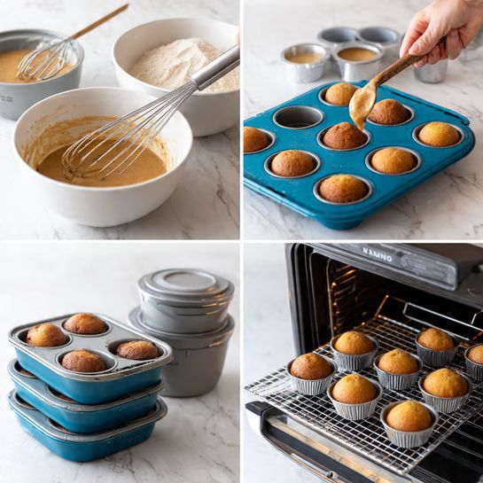 The image shows a step-by-step process of making small round cakes. First, a white bowl holds dry ingredients with a whisk resting on the edge, and below it, another white bowl has a light brown wet mix with a whisk inside. Next, a blue silicone mold filled with light brown batter is placed on a white marbled surface, with a woman's hand holding a spoon to scoop batter into the mold. Then a stack of blue molds with metal jar lids sits on a wire rack, the molds appearing empty. After that, the filled blue mold is set inside a black air fryer or oven, showing the batter baking. Finally, small golden brown cakes are placed on a black wire rack over the white marbled surface, arranged in three rows, looking perfectly round and slightly risen photo taken with an iphone --ar 4:5 --v 7
