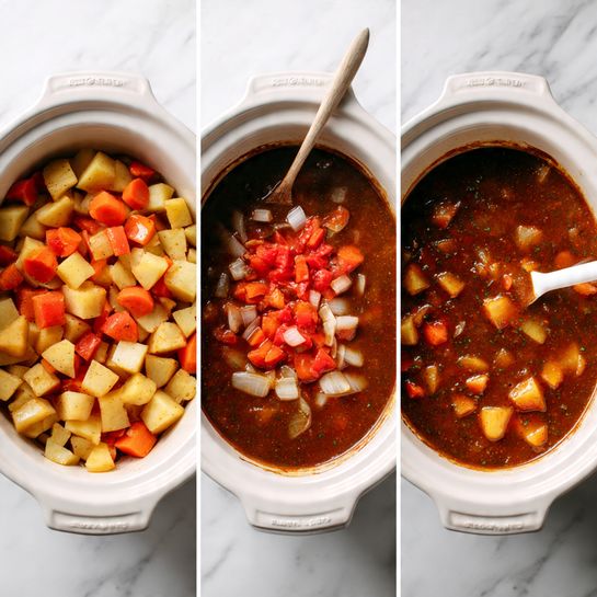 The image shows a sequence of three stages inside a slow cooker on a white marbled surface. In the first stage, a single layer of cubed yellow potatoes fills the bottom, with a mix of orange carrot slices, whole peeled tomatoes, and white chopped onions layered unevenly on top. The second stage shows the same ingredients in the slow cooker, now covered in a thick, dark brown liquid with visible chunks of potatoes and carrots. In the last stage, the thick stew is stirred with a white spoon, showing tender cubes of potato and carrots swimming in the rich brown broth inside a white slow cooker bowl. Photo taken with an iphone --ar 4:5 --v 7