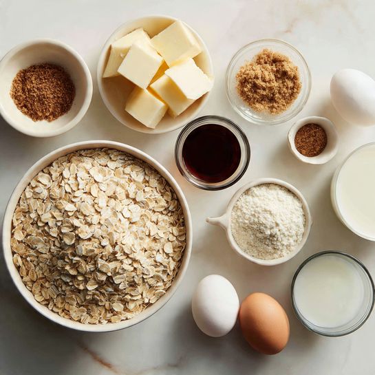 The image shows several white bowls and glasses arranged on a white marbled surface. One large bowl is filled with uncooked rolled oats, showing their light beige and flat texture. A smaller white bowl holds cubed butter with a pale yellow color and a soft, smooth texture. There are other small white bowls containing brown sugar, cinnamon powder, and vanilla extract which is dark brown and liquid. Two white eggs are placed next to a glass of white milk and a bowl of white yogurt, showing a creamy texture. Another small bowl with clear liquid water is also visible. A woman's hand partially holds or touches one area of the arrangement. Photo taken with an iphone --ar 4:5 --v 7