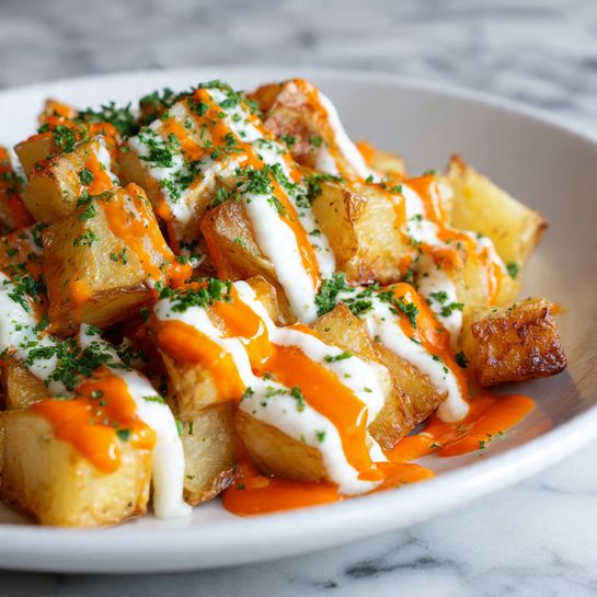 Patatas Bravas: Crispy Roasted Potatoes with Spicy Tomato Sauce and Garlicky Aioli Recipe