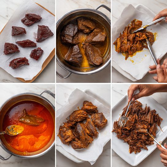 The image shows six stages of cooking beef. In the first part, there are eight raw dark red pieces of beef on a white tray lined with white paper. In the second part, three beef pieces are inside a metal pot with brown and oily sides, and a pair of silver tongs holds one cooked piece that is brown on the outside. The third part shows eight browned pieces of beef on a white tray, with crispy textures visible. The fourth part has the browned beef pieces in the pot with orange sauce poured over them, and the sauce has a thick texture. The fifth part shows the beef soaking in red-orange sauce inside the pot, and the sauce covers most of the sides. The last part shows shredded and whole pieces of cooked brown beef on a white tray, with two white forks and a woman's hand shredding the beef. All scenes are set on a white marbled surface. photo taken with an iphone --ar 4:5 --v 7