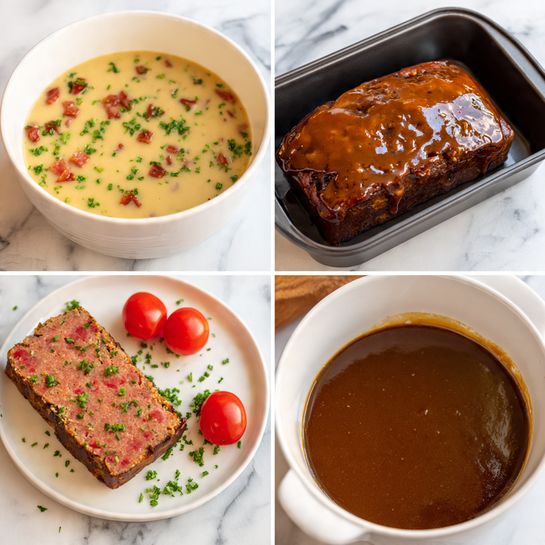 A white bowl filled with a creamy beige base topped with small green herbs, pink shrimp pieces, and a halved red cherry tomato; next to it is a white plate with a raw, pink meatloaf shaped into a rectangular block. The next images show the meatloaf placed in a black cooking tray. Another white bowl holds a rich, dark brown sauce. The meatloaf in the black tray is seen cooked, turning dark brown, and finally covered with a thick, shiny dark brown glaze. All items are set on a white marbled surface. photo taken with an iphone --ar 4:5 --v 7