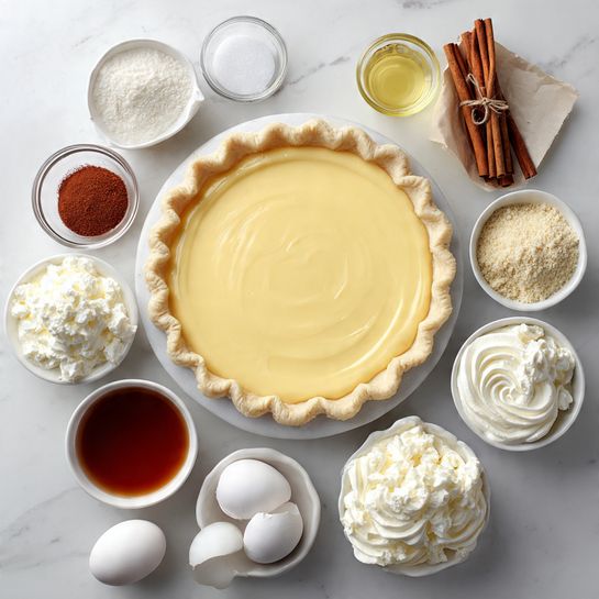 A white pie crust with a light yellow smooth filling sits in the center on a thin white marbled surface, surrounded by small white bowls containing white fluffy whipped cream, white sour cream with swirls, and white cottage cheese. Two white eggs rest below the pie, alongside a white bowl of light brown powder and another bowl with reddish-brown ground spice. Above the pie, there is a small white bowl of coarse white salt, a very fine white sugar bowl, a small glass with light yellow liquid, dark brown cinnamon sticks wrapped in white paper, and another small white bowl filled with dark brown amber liquid, all arranged neatly. Photo taken with an iphone --ar 4:5 --v 7
