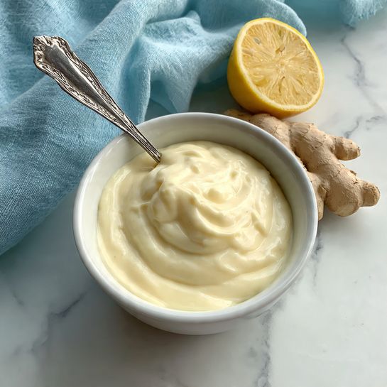 A small white bowl filled with thick, creamy white sauce, with a shiny silver spoon resting inside the bowl. The bowl is placed on a white marbled surface, near a piece of ginger and a lemon half. A soft blue cloth accents the upper left area of the scene. The sauce looks smooth and slightly glossy. Photo taken with an iphone --ar 4:5 --v 7