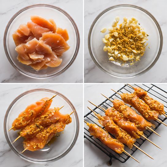 The image sequence shows the making of marinated chicken skewers. In the first frame, raw white chicken slices lie in a clear glass bowl on a white marbled surface. The second frame adds small pieces of garlic and yellow seasoning on top of the chicken slices, still in the bowl. The third and fourth frames show the chicken sliced pieces turned orange from the mix of spices and seasoning, coated evenly with a slightly wet texture. The fifth frame shows the chicken pieces skewered on wooden sticks, with a crunchy orange coating. In the last frame, the skewers are placed on a black wire rack ready for cooking. Photo taken with an iphone --ar 4:5 --v 7