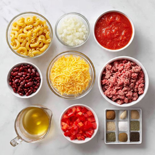 The image shows an overhead view of various ingredients arranged neatly on a white marbled surface. There are ten containers: a clear glass bowl with yellow elbow macaroni at the bottom center; a clear glass bowl with chopped white onions just above it; a white bowl to the right filled with chunky red tomato sauce; a white bowl on the top right holding raw ground meat in a deep pink color; another white bowl with shredded yellow cheese next to the meat; a small white bowl with dark red kidney beans to the left; a small clear bowl with chopped red bell peppers below the beans; a small glass bowl with minced garlic at the top left; a small silver metal tray in the center holding six piles of different spices including reddish brown, white, black, green, and light brown powders; and lastly a clear glass measuring cup filled with light golden broth on the far left. The items are cleanly separated and well-organized in a grid pattern. photo taken with an iphone --ar 4:5 --v 7