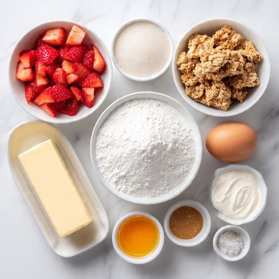 A top-down view of baking ingredients arranged neatly on a white marbled surface, including a white bowl filled with chopped red strawberries on the top left, a white bowl with crushed crackers or cookies on the top right, a small white bowl holding granulated white sugar on the middle left, a large white bowl in the center filled with white powdered sugar, a stick of yellow butter below it, and a white cup with a yellow liquid near the top right. Additional small white bowls contain a brown spice, white salt, an orange-yellow substance, and some white cream cheese, with one brown egg placed on the bottom right side. The image is bright and clean, showing clear colors and simple textures, photo taken with an iphone --ar 4:5 --v 7
