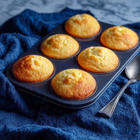 The image shows nine golden muffins in a black metal muffin tray, each muffin having a smooth, slightly cracked top and filling the cup evenly. The tray is placed on a dark blue textured cloth on a white marbled surface. A silver spoon rests nearby on the cloth, angled towards the tray. The light highlights the warm golden color and soft texture of the muffins. photo taken with an iphone --ar 4:5 --v 7