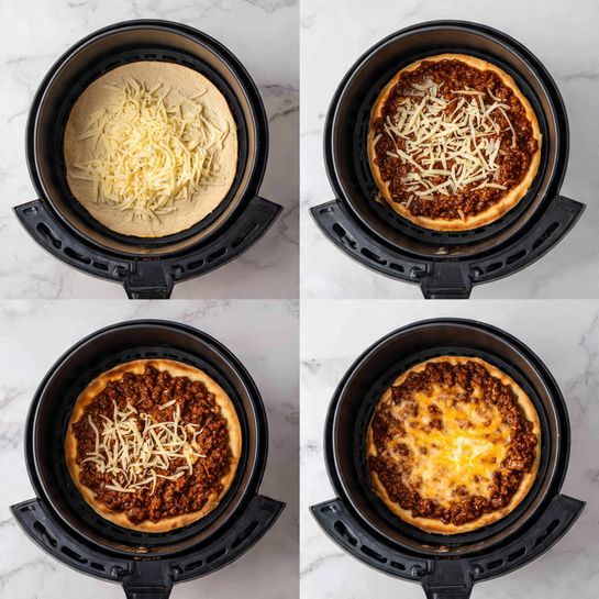 The image shows four steps of making a layered dish inside a black round air fryer basket on a white marbled surface. The first step shows a layer of light beige tortilla covered with shredded pale yellow cheese inside the basket. The second step shows the same tortilla base topped with a thick layer of chunky reddish-brown cooked meat spread evenly. The third step has another light beige tortilla placed on top of the meat, covered again with scattered shredded pale yellow cheese. The last step shows the dish after cooking, with the top tortilla layer golden brown and the cheese melted under it, giving a smooth, slightly crispy finish. Photo taken with an iphone --ar 4:5 --v 7