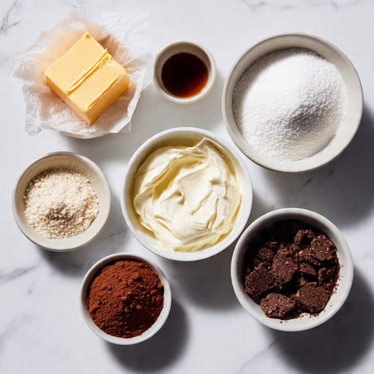 The image shows seven white bowls and a wrapped stick of butter on a white marbled surface. At the top left is the butter in orange and white paper. To the right is a small white bowl with dark brown liquid. Next to it, a larger white bowl filled with white powdered sugar is placed. Below the butter, a bigger white bowl contains white thick cream cheese. To its right is a medium-sized bowl with a smooth, thick off-white creamy mixture. Near the bottom left, a small white bowl holds light brown cocoa powder, and finally, a larger white bowl at the bottom right is filled with dark brown crushed cookie crumbs. Everything is arranged neatly and lit with soft, even light. photo taken with an iphone --ar 4:5 --v 7