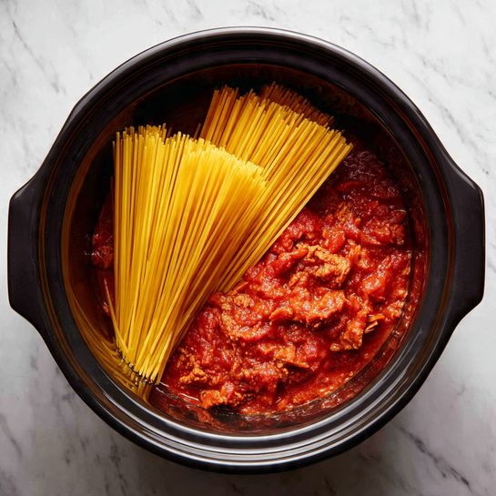 A black slow cooker filled with three layers: the bottom layer is a chunky bright red tomato sauce with visible bits of cooked meat and small pieces of tomatoes, the middle layer is partially submerged uncooked dry yellow spaghetti strands standing upright in two separate bundles, and the top layer is glossy with sauce coating the pasta ends. The surface under the cooker is changed to a white marbled texture. photo taken with an iphone --ar 4:5 --v 7