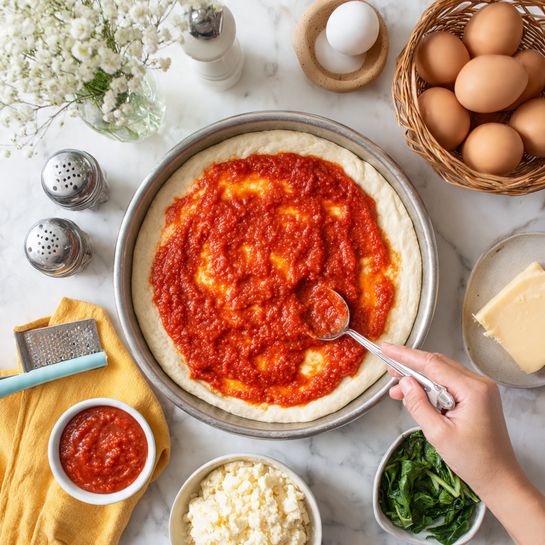A simple round pizza dough sits in the center of a round metal pan. On top of the dough, a thick layer of red tomato sauce is spread, covering about two-thirds of the surface with a smooth texture. A woman's hand holds a spoon, spreading more sauce near the edge. Around the pan, there are small bowls with green leafy vegetables and more tomato sauce, a light brown wicker basket filled with brown eggs placed on a yellow cloth, and a white plate with a wedge of cheese and a block of cream cheese next to a metal cheese grater with a light blue handle. Small white flowers are in a glass vase to the left, and a white salt shaker and pepper grinder stand near the top. All items rest on a white marbled surface. photo taken with an iphone --ar 4:5 --v 7