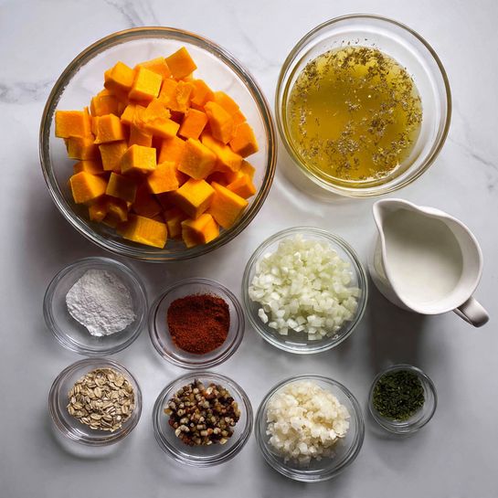 The image shows ingredients for a recipe laid out on a white marbled surface. At the center, there is a clear glass bowl filled with bright orange cubed pieces, likely pumpkin or squash. Above that is a medium glass bowl containing a yellowish liquid with small bits, possibly broth or stock. Surrounding these bowls are smaller clear bowls and containers holding different ingredients: a white powder (probably salt or sugar), a red powder (likely paprika or chili powder), a pile of finely chopped white onions, minced garlic pieces, crumbs or oats, some brown spices, chopped green herbs, and a small pitcher of white liquid, which could be coconut milk. All items are arranged neatly, showing clear textures and colors. Photo taken with an iphone --ar 4:5 --v 7