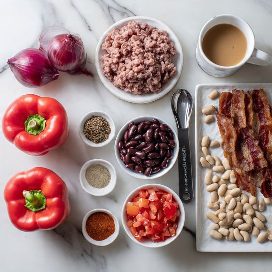 The image shows a flat lay of various ingredients on a white marbled surface. There are two halves of a red bell pepper in the bottom left corner. Above them is a small white plate holding two red onions and a small amount of minced garlic. To the right are four cans: pinto beans, black beans, diced tomatoes, and light red kidney beans, arranged in a loose cluster. A small white bowl with five different spices in separate sections sits near the center. A measuring cup filled with a light brown liquid is in the top right corner. To its left, there is a white tray of raw ground meat and below that, a pack of applewood smoked bacon. A black measuring spoon is placed near the center-left. photo taken with an iphone --ar 4:5 --v 7