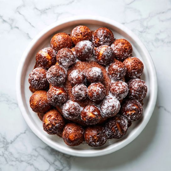 The image shows a white bundt pan filled with many small dough pieces that are brown in color and dusted with white sugar. The dough pieces are arranged closely together, filling the pan evenly in one layer. The surface underneath the pan is a white marbled texture. Photo taken with an iphone --ar 4:5 --v 7
