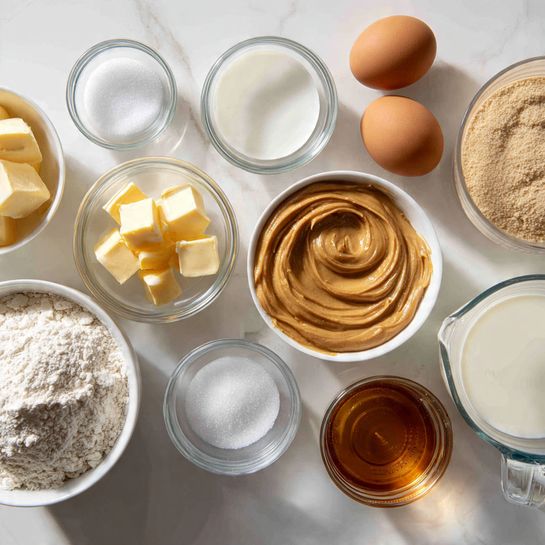 The image shows an overhead view of baking ingredients arranged neatly on a white marbled textured surface. There are nine small glass bowls and one white bowl: the white bowl holds light brown, smooth peanut butter with swirls; a glass measuring cup on the right contains white milk; two brown eggs sit side by side in a clear glass bowl; another glass bowl has melted butter with a shiny texture; a small glass bowl next to it has three square yellow butter pieces; a glass bowl on the top left holds a small amount of white powder, likely baking powder or baking soda; another glass bowl next to it contains white granulated sugar; a medium white bowl with a matte finish on the bottom left is filled with white flour; and a glass bowl in the center at the top is filled with amber-colored syrup with a glossy surface. The arrangement is clean and spaced, with soft shadows cast by natural light. photo taken with an iphone --ar 4:5 --v 7