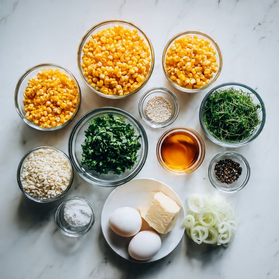 The image shows a top-down view of various ingredients arranged neatly on a white marbled surface. There are nine clear glass bowls and containers, each holding different items like yellow corn kernels, a small white block, green chopped herbs, saffron colored liquid, along with white grains, and sliced onion. A white plate holds two eggs and black pepper. The containers are placed with balanced spacing, forming a semi-circle on the surface. The colors include bright yellow, fresh green, soft white, and light brown tones. The lighting is soft and natural, enhancing the fresh look of the ingredients. Photo taken with an iphone --ar 4:5 --v 7
