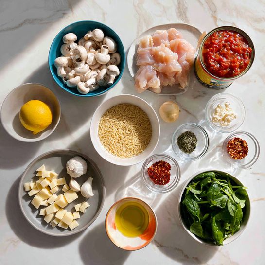 The image shows several cooking ingredients neatly arranged on a white marbled surface. In the back row, from left to right, there is a blue bowl filled with white mushrooms, next to it a tall can of chopped tomatoes, and a white plate with five raw chicken pieces with a pale pink color. In the middle row, a white bowl filled with uncooked orzo pasta sits on the left, followed by a small bowl with a white interior and orange exterior containing a white liquid, a yellow lemon, and a whole onion with light brown skin. To the right, there are four small clear glass bowls arranged in a slight arc, holding green dried herbs, bright red paprika powder, red chili flakes, and a bunch of red pepper paste lines. In the front row, positioned on the left, a plate holds chunks of pale yellow cheese and fresh green herbs. To the right, a gray bowl is filled with fresh, leafy green spinach. A small glass bowl with golden olive oil and two garlic cloves sit in the center. The overall scene is bright and clean, with each item spaced out clearly. photo taken with an iphone --ar 4:5 --v 7