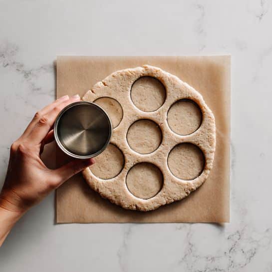 A round piece of dough placed on parchment paper with nine circular shapes cut out evenly across the dough using a round cutter near the top right side, all sitting on a white marbled surface. The dough is light brown with a smooth texture, showing the edges of each circle clearly. On the left side, a woman's hand is holding a round metal cutter above the dough, about to press down. The parchment paper is flat and slightly wrinkled under the dough. Photo taken with an iphone --ar 4:5 --v 7
