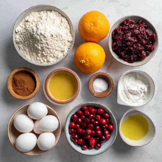 Top view of various ingredients neatly arranged on a white marbled surface, including two whole orange fruits placed in the middle, a bowl of white flour with a coarse texture on the top left, a bowl of dried dark red cranberries on the top right, and a bowl of fresh red cranberries below it. Near the bottom center, there is a small bowl filled with thick white cream or yogurt, two white eggs, and a small wooden bowl containing brown cinnamon powder. Other items include a bowl of light yellow oil, a bowl of fine white sugar at the top right, a small bowl of salt, and a small bowl of dark liquid vanilla extract. The objects form a balanced, colorful composition with natural textures and soft lighting. Photo taken with an iphone --ar 4:5 --v 7