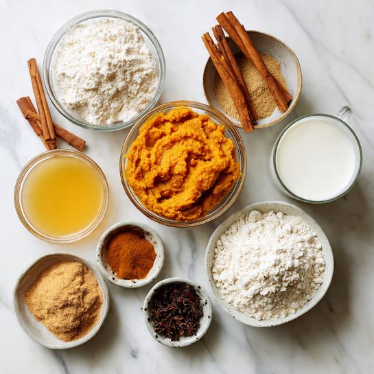 A top view of several small glass bowls placed on a white marbled surface, each filled with different baking ingredients; one bowl holds white flour on the right, another contains light brown sugar below it, while a separate bowl at the top has smooth orange pumpkin puree; nearby, a bowl of yellow liquid, two cinnamon sticks, a couple of small bowls with dark and light powders, and a cup filled with white milk complete the scene. All items are arranged neatly in a casual layout. Photo taken with an iphone --ar 4:5 --v 7