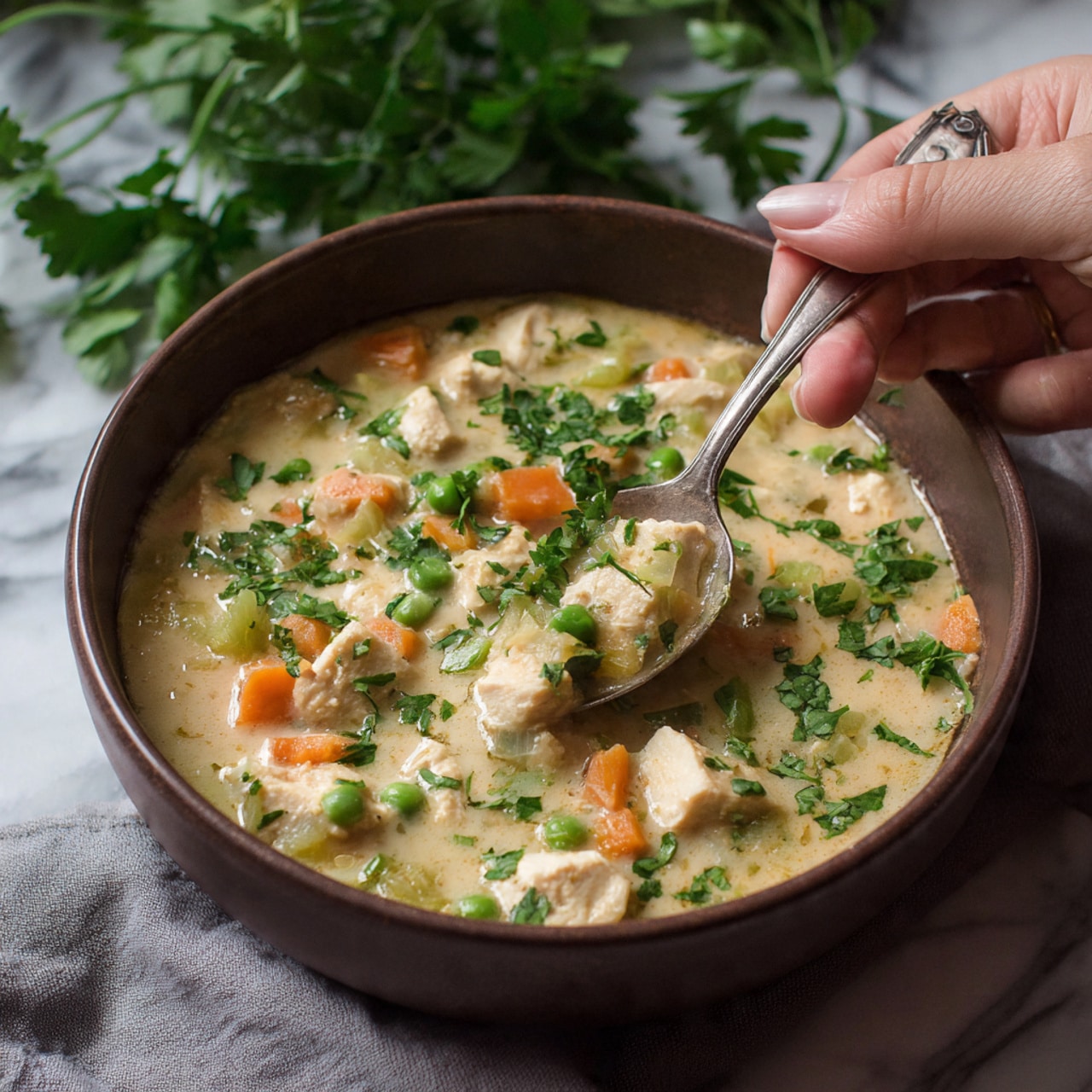The image shows a brown bowl filled with creamy chicken and vegetable soup. The soup has chunks of white chicken, light orange carrot pieces, and pale green peas, all mixed in a thick white creamy broth. Green parsley leaves are spread on top for decoration. A woman's hand holds a spoon inside the bowl, scooping some soup. The bowl is on a grey cloth, and the background is a white marbled texture with green plants blurred in the back. Photo taken with an iphone --ar 4:5 --v 7