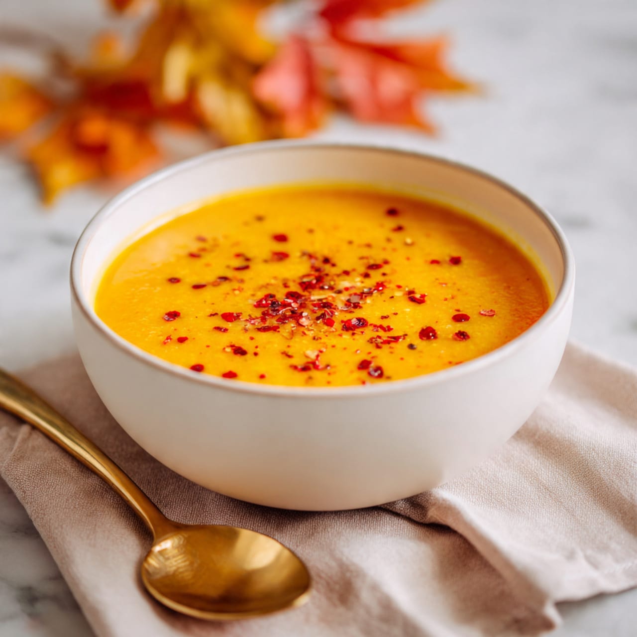 A smooth, creamy orange soup is served in a white bowl set on a white marbled surface. The soup's surface is shiny and topped with small red chili flakes scattered mainly on one side. In the foreground, there is a golden spoon placed on a soft, light beige cloth napkin next to the bowl. In the background, out of focus, some orange and yellow autumn leaves add warm color tones. photo taken with an iphone --ar 4:5 --v 7