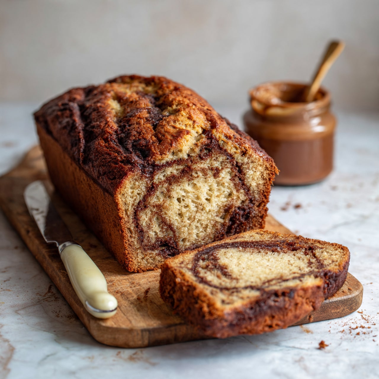 The image shows a loaf of banana bread on a wooden board, with one slice cut and placed in front. The bread has a light brown color with dark brown chocolate marbling swirls inside. The texture of the bread looks soft and moist, and the crust is slightly darker and cracked on top. Next to the bread is a butter knife with a cream-colored handle, and there is a glass jar with a brown spread faintly visible on the right side. The background surface is a white marbled texture. Photo taken with an iphone --ar 4:5 --v 7