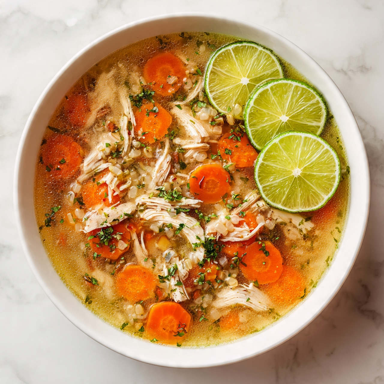 A shallow white bowl filled with a clear broth soup that has visible pieces of shredded chicken spread evenly throughout. Orange carrot slices are scattered among the chicken, along with grains that look like rice or barley, creating a mix of soft textures in the soup. The soup is garnished with two halves of a lime placed side by side on one edge of the bowl, and there are small green herbs sprinkled lightly on top. The background is a white marbled surface. Photo taken with an iphone --ar 4:5 --v 7