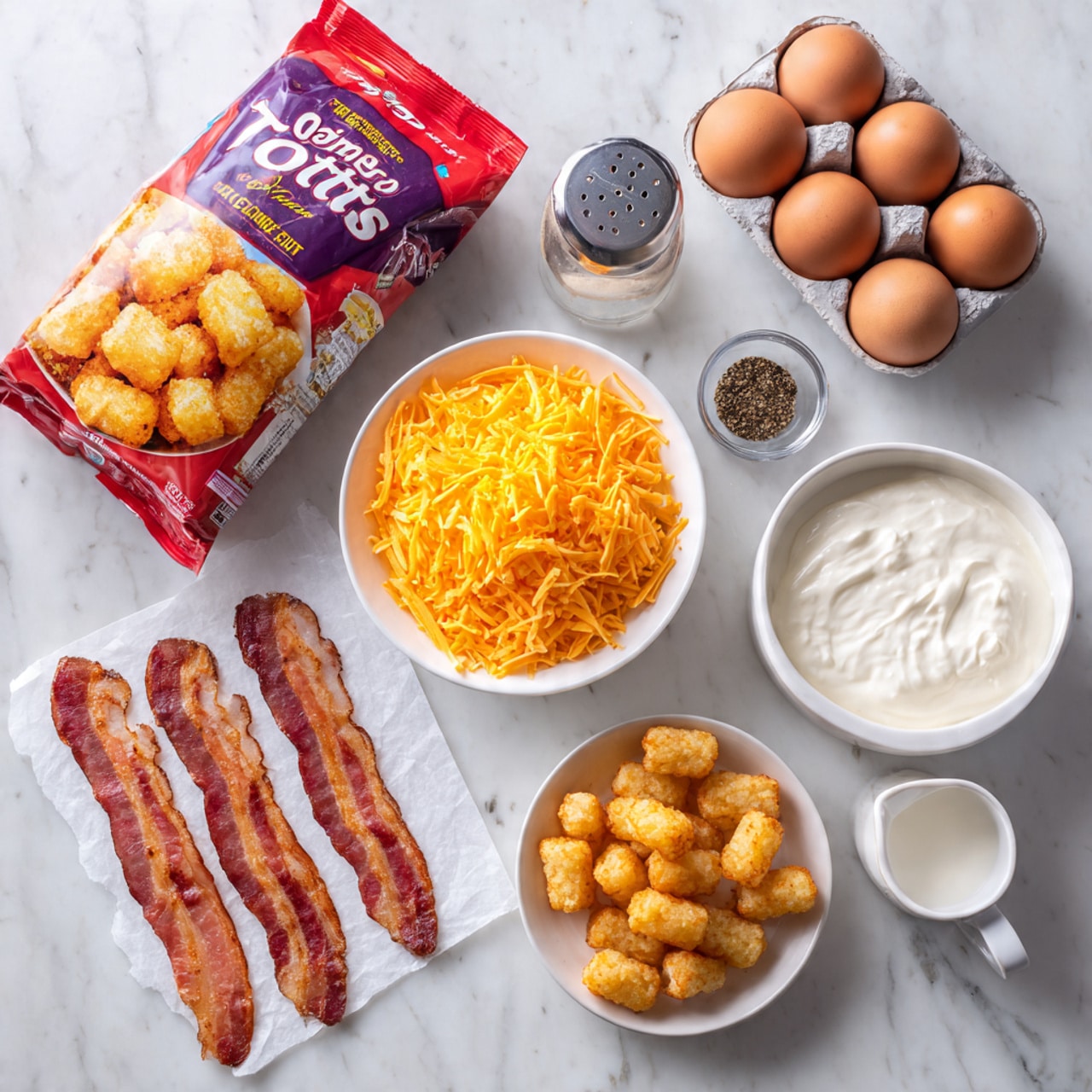 The image shows a white marbled surface with several cooking ingredients arranged neatly. At the top left, there is a red and purple bag of Ore-Ida Golden Tater Tots with pictures of small golden potato pieces on the front. Below it to the left is a white bowl full of shredded bright orange cheddar cheese. Next to it, slightly to the right, is a smaller white bowl filled with thick, white sour cream. To the right side, there is a carton holding six brown eggs. Close to the eggs, there are two small glass shakers, one with black pepper and one with salt. At the bottom left on white paper, there are five raw bacon strips laid out flat. To the right of the bacon, there is a small white measuring cup filled with white milk. photo taken with an iphone --ar 4:5 --v 7