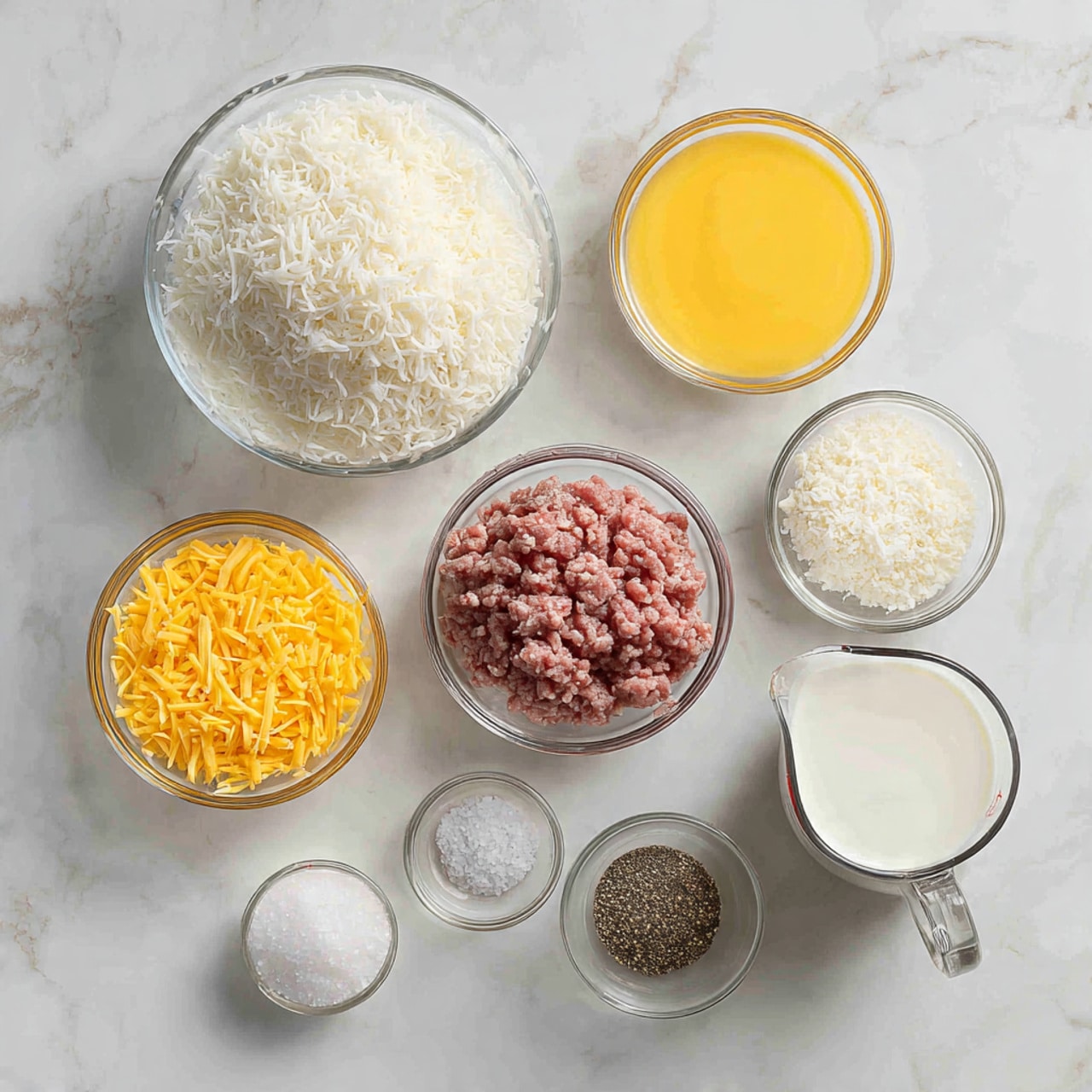A white marbled surface holds seven clear glass bowls and a glass measuring cup arranged neatly in a semi-circle. The largest bowl contains a mound of shredded white potatoes with a rough texture. Next to it, a medium bowl is filled with raw ground meat showing a mix of red and light brown shades. Another medium bowl holds a smooth yellow beaten egg mixture. A smaller bowl contains bright yellow shredded cheddar cheese, while a clear glass measuring cup is filled with white milk. Two tiny bowls complete the scene, one filled with coarse salt crystals and the other with ground black pepper. The light shines evenly, highlighting the textures and colors distinctly. photo taken with an iphone --ar 4:5 --v 7