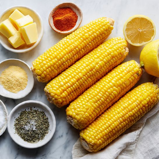 Three bright yellow corn cobs are placed in a row on a white marbled surface, each with shiny kernels closely packed. To the right of the corn, there are two halves of a lemon showing their juicy, pale yellow interior. On the left side, six small white bowls hold different ingredients: one has three pieces of yellow butter, another has a heap of orange-red spice powder, another contains green dried herbs, one bowl has a pile of pale yellow powder, and the last bowl shows a mix of black pepper and white salt. A white cloth is partially visible on the bottom right corner. Photo taken with an iphone --ar 4:5 --v 7