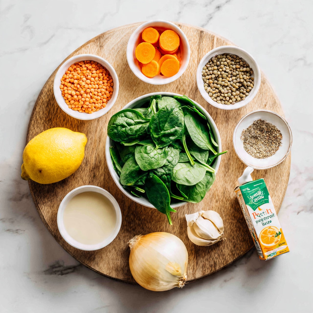 The image shows a round wooden board on a white marbled surface with several small white bowls and one larger white bowl arranged on it. The larger white bowl is filled with fresh green spinach leaves. Around it, there are small white bowls containing orange sliced carrots, light brown lentils, and a creamy white liquid. Next to these bowls is a whole yellow lemon, a peeled white onion, and three cloves of garlic. There is also a small white dish with ground spices, and a green and yellow carton of vegetable broth placed beside the bowls. The colors are bright and natural, with a mix of green, orange, yellow, white, and brown, creating a fresh and clean look. Photo taken with an iphone --ar 4:5 --v 7